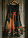 Women's Cute Cat Print Linen Blend Tank Dress