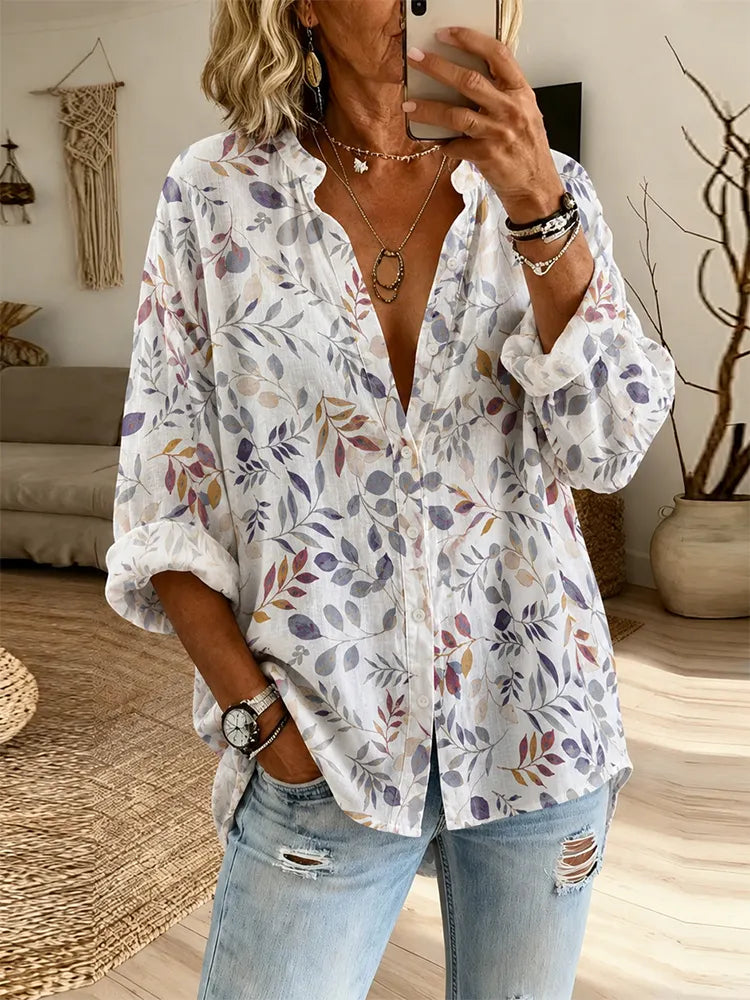 Women's Floral Art Print Flowy Linen Blend Long Sleeve Shirts