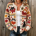 Women's Maple Leaf Black Cat Paw Print Crew Neck Cardigan