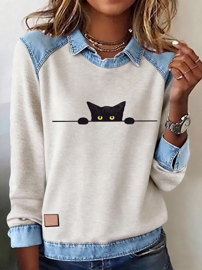 Women's Casual Cat Print Lapel Long Sleeve Top