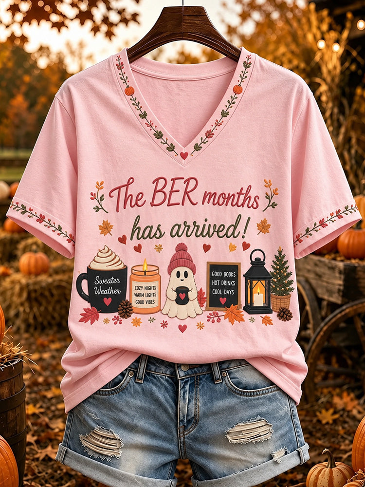 Women's The Ber Months Has Arrived Print V Neck Short Sleeve Casual T-shirt