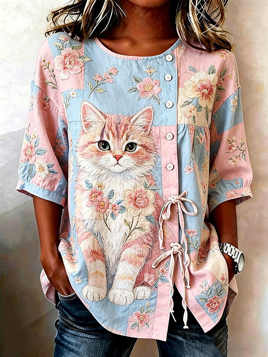 🐾 Buy 3 Save 10%🐱Women's Denim Cat Portrait Patchwork Art Print Casual Top💛100% For Shelter Pets🐱🐶