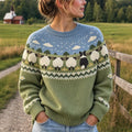 Women's Retro Farm Border Collie With Sheep Patterns Cozy Fair Isle Style Knit Sweater