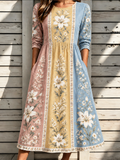Women's Floral Vertical Stripe Color Block Long Sleeve Midi Dress