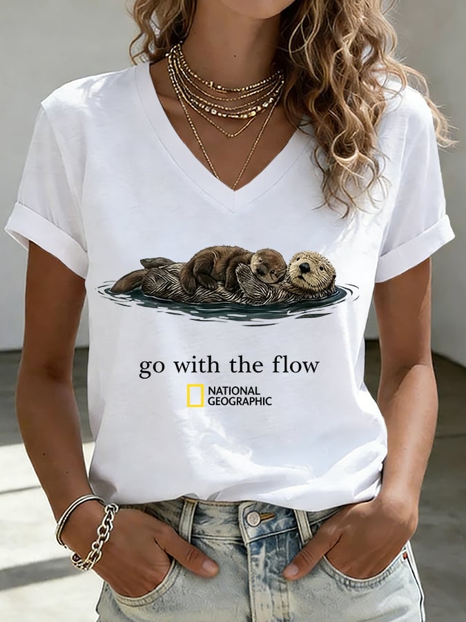 V-Neck Retro Sea Otters Go With The Flow Print T-Shirt