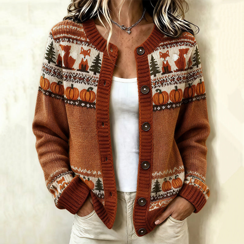 Women's Vintage Farm Fox Pumpkin Pattern Print Casual Cozy Knit Cardigan Sweater