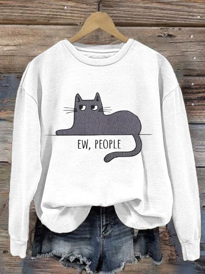 Women'S Ew People Cat Print Casual Sweatshirt