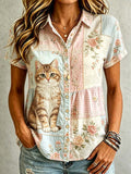 🐾 Buy 3 Save 10%🐱Women's Casual Cat Floral Print Shirt💛100% For Shelter Pets🐱🐶