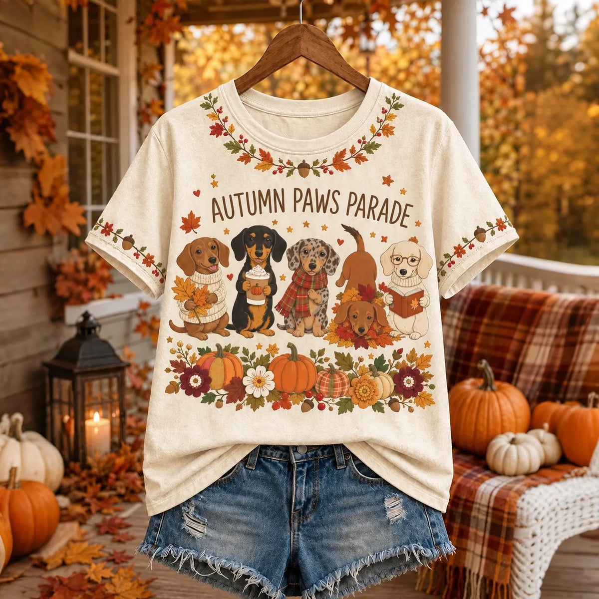 Women's Retro Autumn-themed Dachshund Puppy Patterns Fall To Hoilday Casual Printed T-shirt