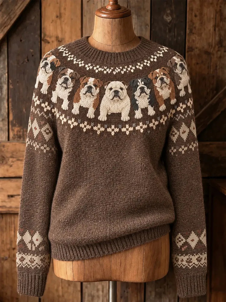 Women's Retro English Bulldog Puppy Pattern Cozy Fair Isle Style Knit Sweater