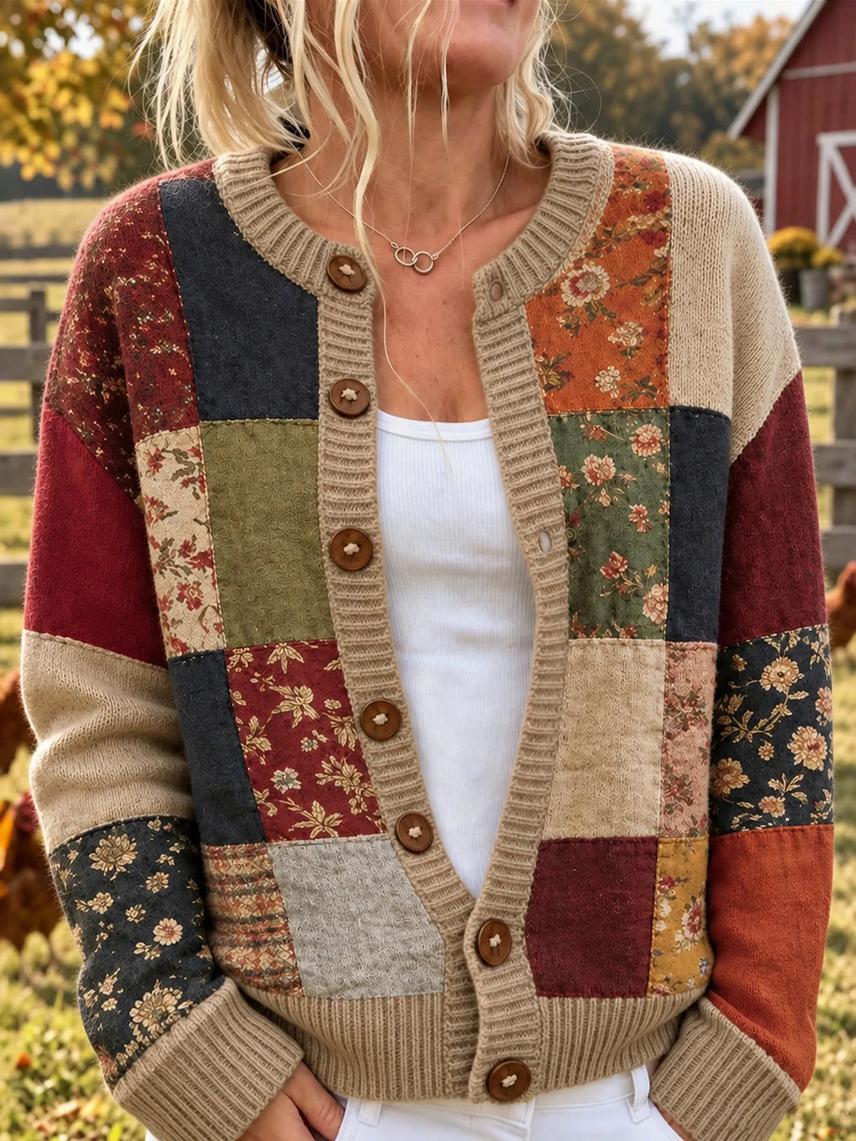 Women's Floral Patchwork Pattern Art Casual Knit Cardigan