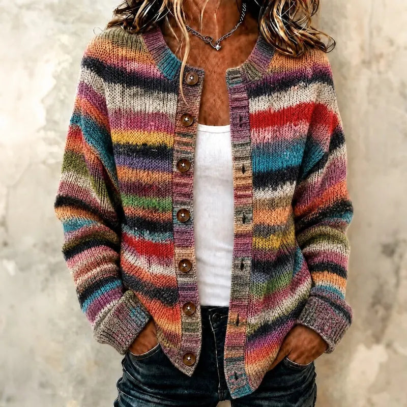 Women's Bohemian Retro Striped Gradient Art Print Knit Button Cardigan