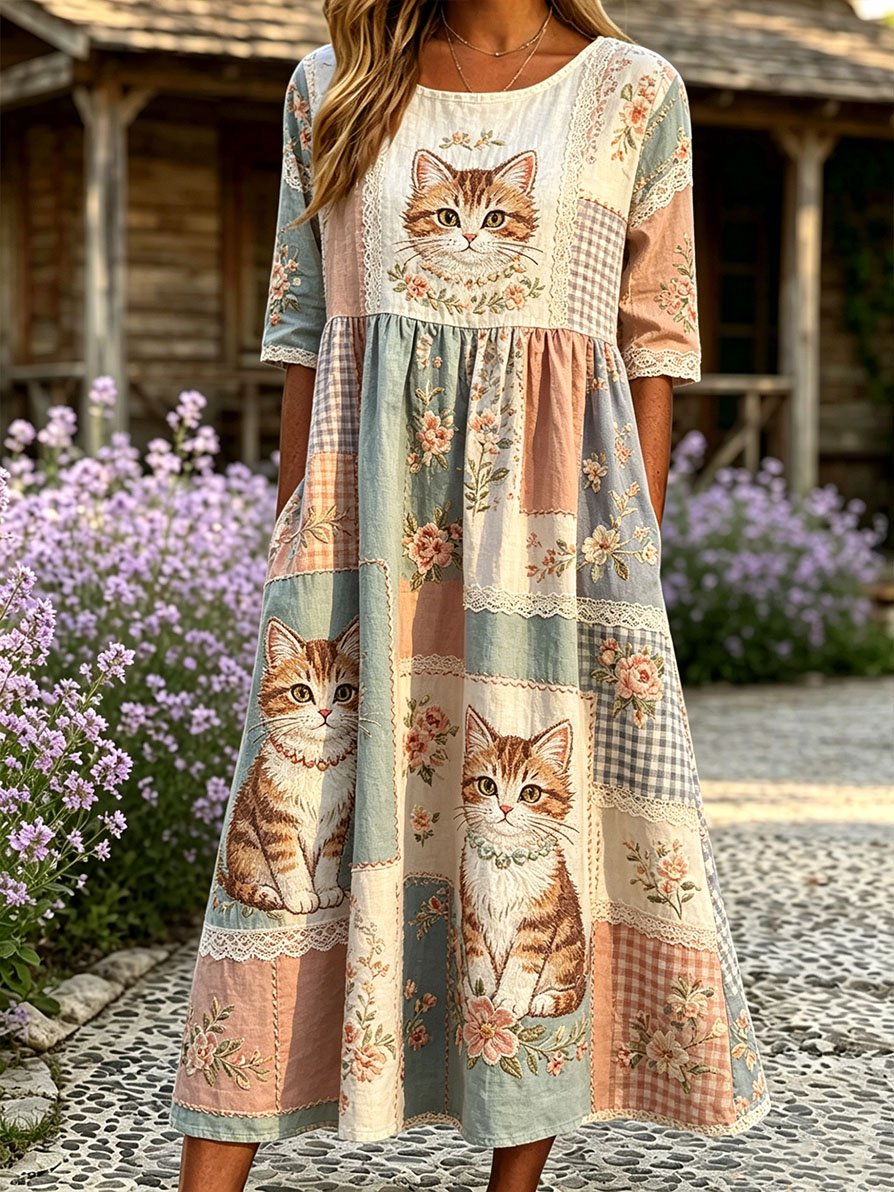 🐾Buy 3 Save 10%🐱Women's Casual Retro Cat-Print Dress💛100% For Shelter Pets🐱🐶