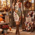 Women's Autumn Maple Leaf & Floral Color-block Graphic Crew Neck Dress