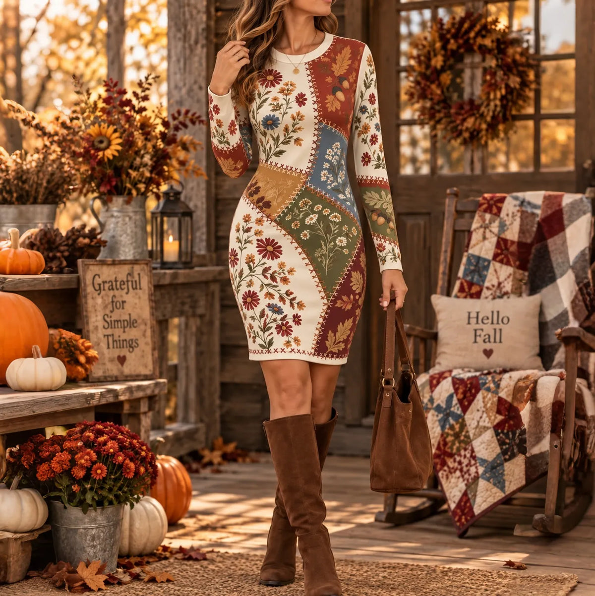 Women's Autumn Maple Leaf & Floral Color-block Graphic Crew Neck Dress