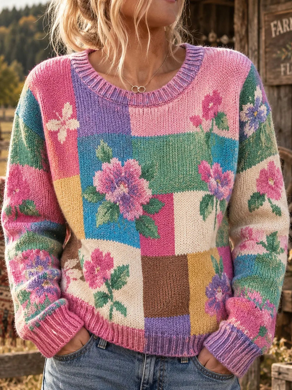 Women's Color-block Floral Print Knit Crew-neck Thermal Sweater
