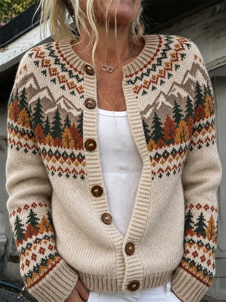 Women's Autumn Landscape Pattern Knit Cardigan