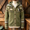 Women's Retro Farm Border Collie With Sheep Patterns Cozy Fair Isle Style Knit Hooded Cardigan