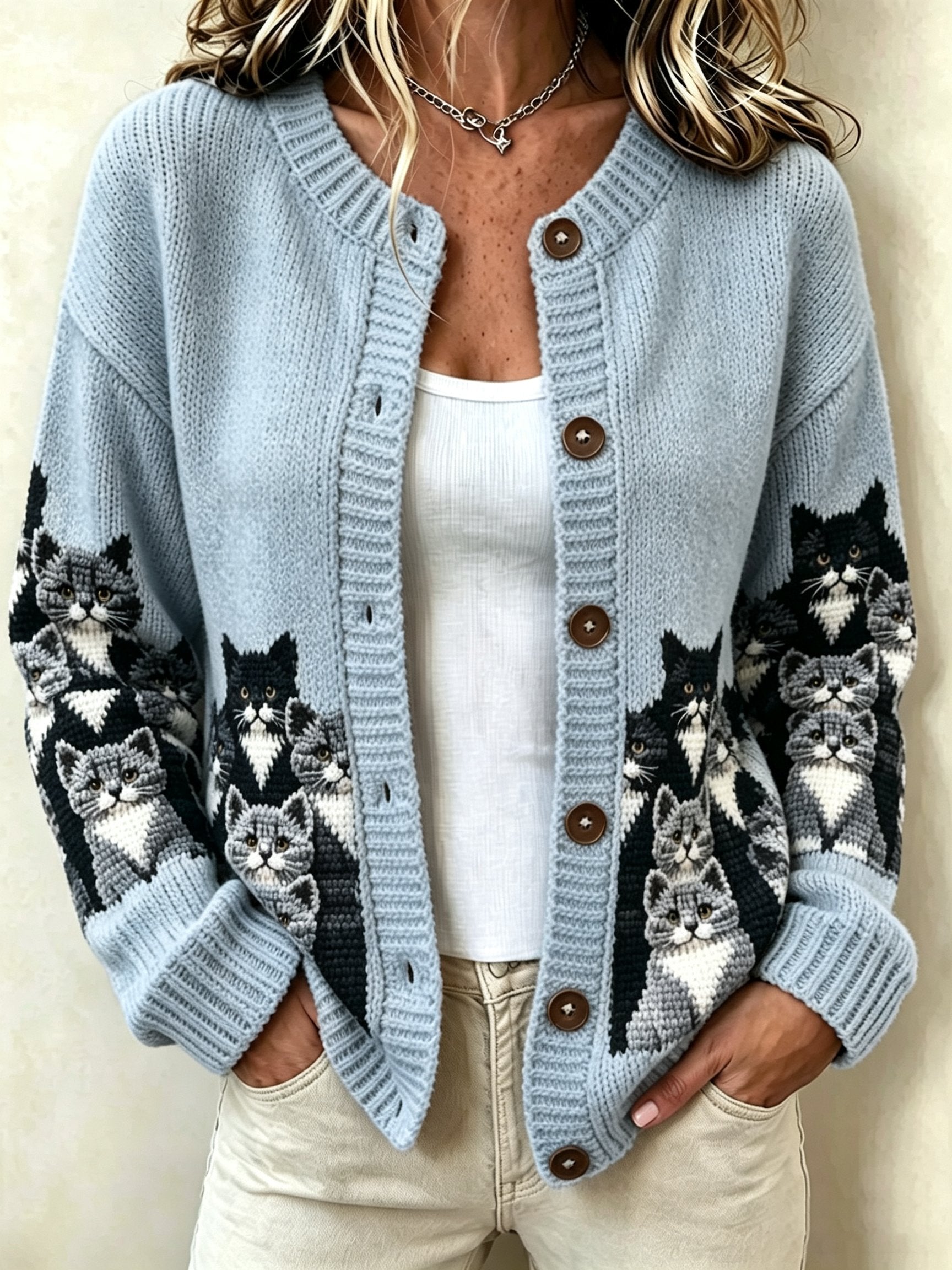 Women's Retro Cat Print Sweater Jacket