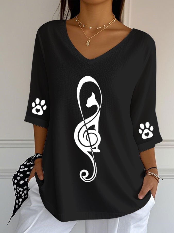 Women's Cute Cat Print Casual V-Neck T-Shirt