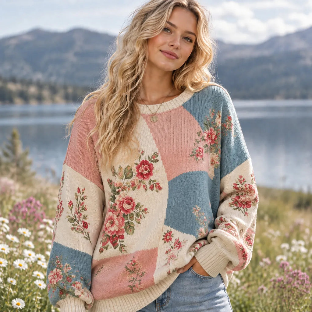 Women's Retro Floral Patchwork Pattern Art Casual Knit Sweater
