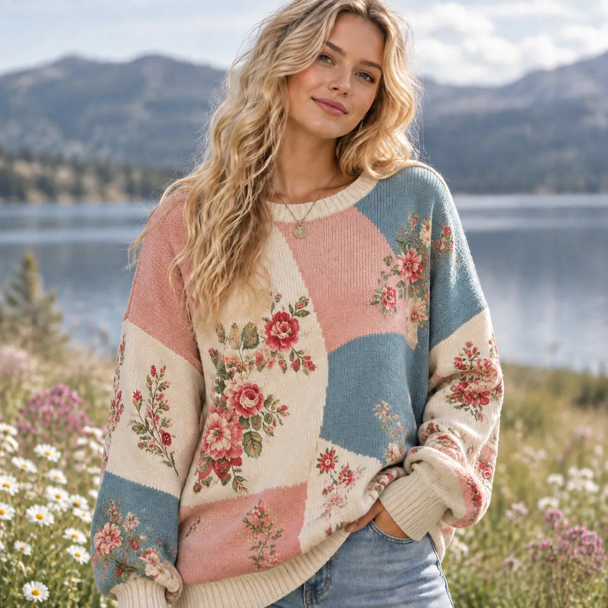 Women's Retro Floral Patchwork Pattern Art Casual Knit Sweater