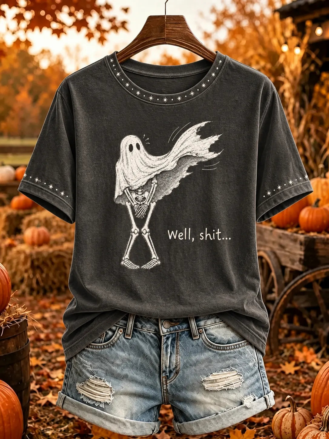 Women's Vintage Halloween Fall Skeleton Print Crew Neck Short Sleeve T-shirt