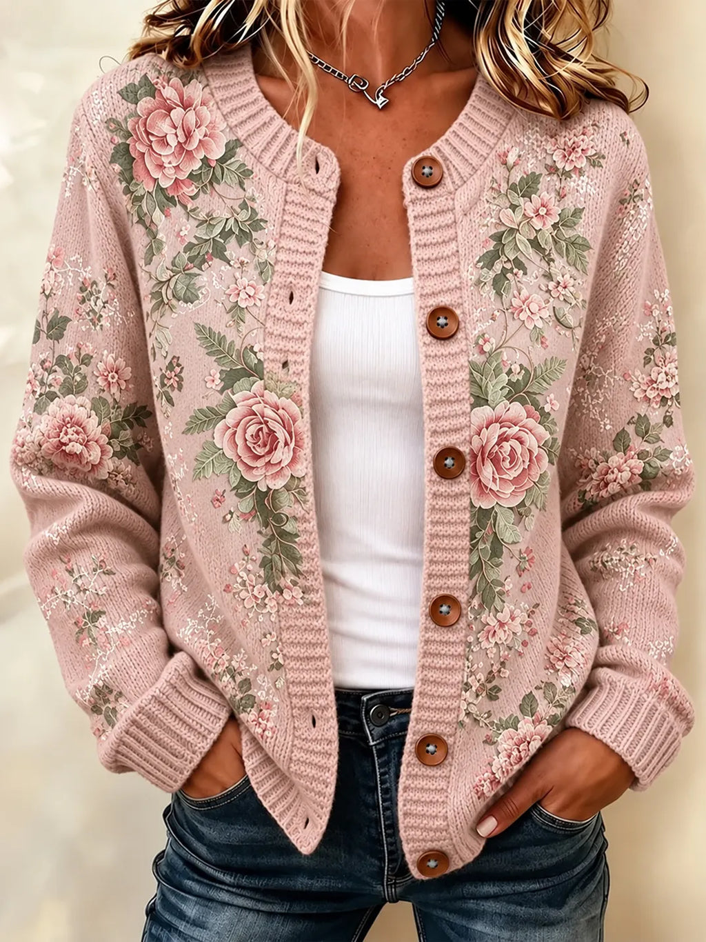 Women's Retro Floral Pattern Art Casual Knit Cardigan