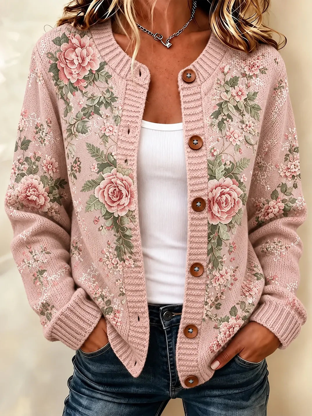 Women's Retro Floral Pattern Art Casual Knit Cardigan