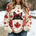 Women's Maple Leaf Black Cat Color Block Print Crew Neck Sweater