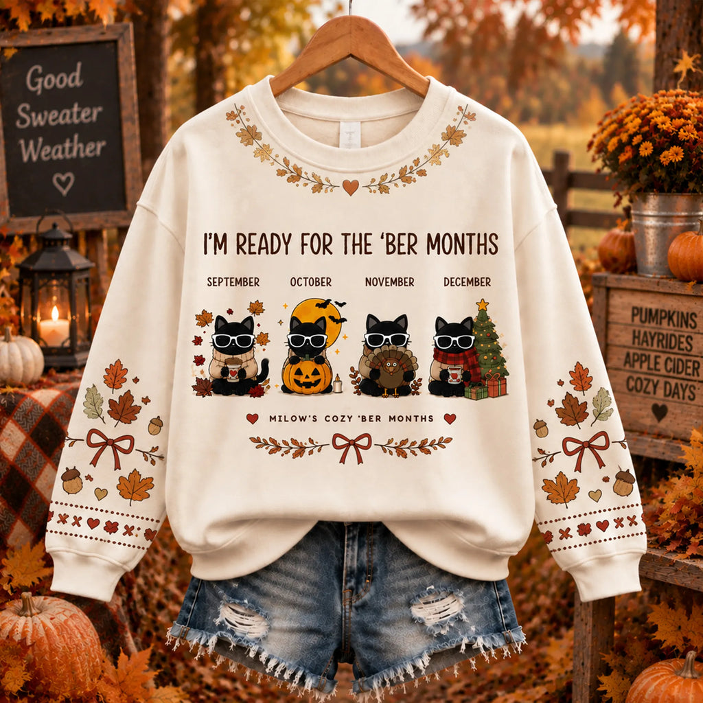 Women's Cute Retro "welcome The 'ber' Months" Cat-print Sweatshirt