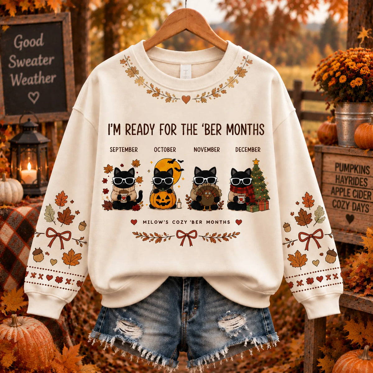 Women's Cute Retro "welcome The 'ber' Months" Cat-print Sweatshirt