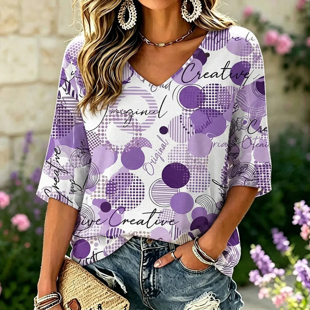 Women's Casual V-neck Half Sleeve T-shirt In White And Purple With Polka Dots And "creative" Typography Print