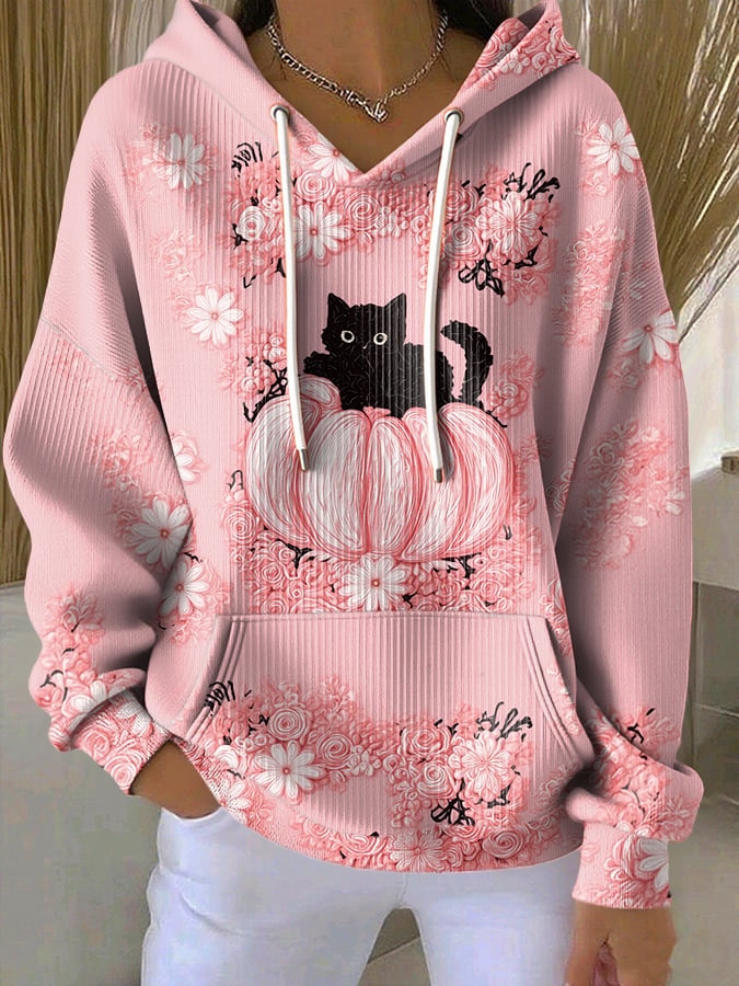 Women's Casual Cat Pumpkin Floral Print Long Sleeve Hooded Sweatshirt