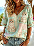 Women's Casual Retro Short-Sleeve Top with Deep V-Neck and Cat Print