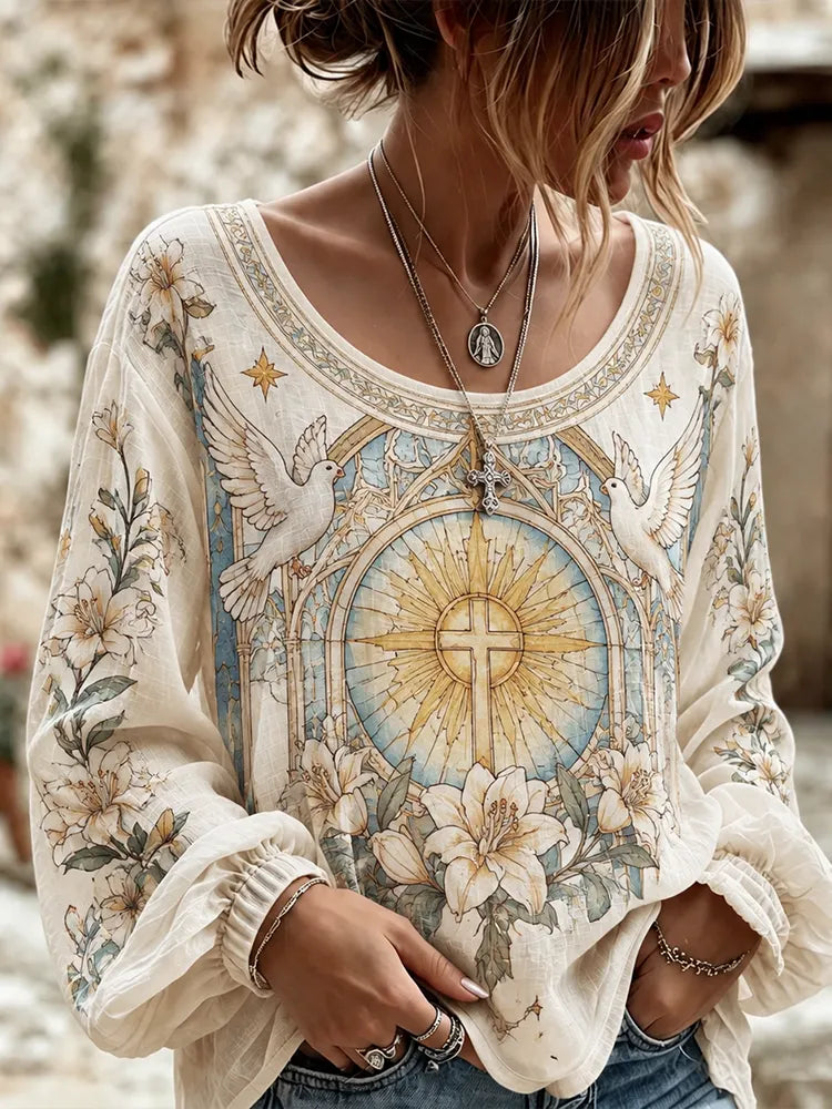 Women's Christian Dove Cross Lily Print Long-sleeve Blouse