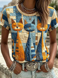 Women's Geometric Group Cat Printed Vintage Fashion Loose Short Sleeve T-Shirt