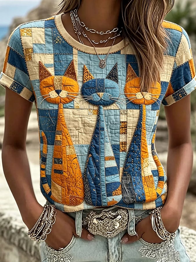 Women's Geometric Group Cat Printed Vintage Fashion Loose Short Sleeve T-Shirt
