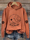 Women's Cute Cat Meow & Heart Print Hoodie