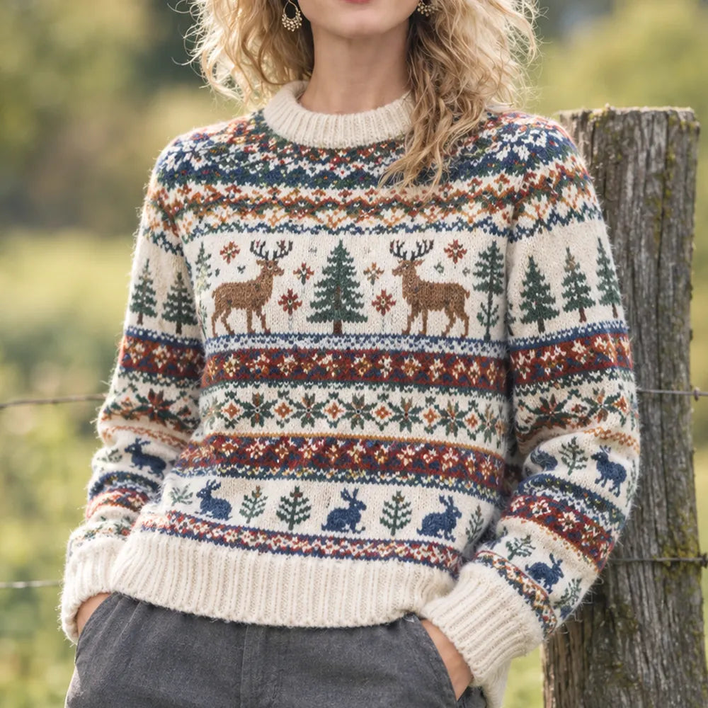 Women's Winter Deer And Trees Fair Isle Crewneck Knit Sweater
