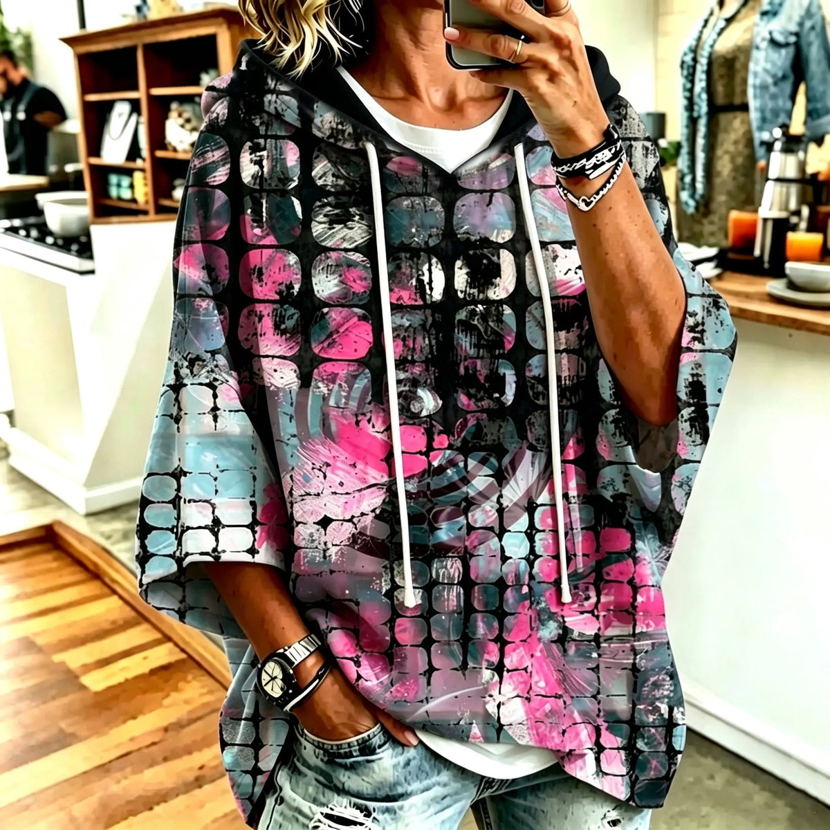 Women's Retro Hippie Japanese Art Geometric Print Hooded Sweatshirt