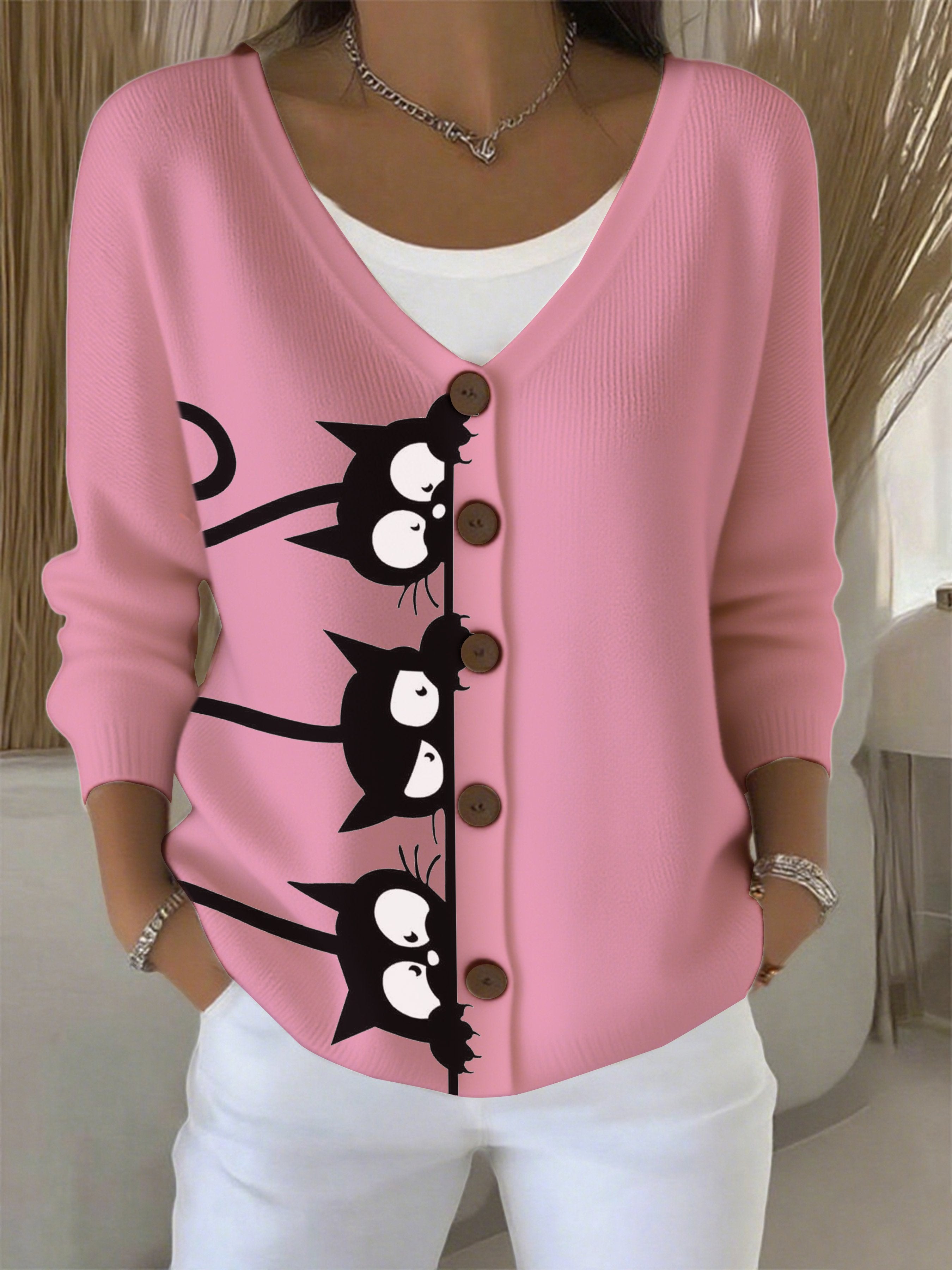 Women's Autumn Sleeping Black Cat Fun Printed Sweater Cardigan