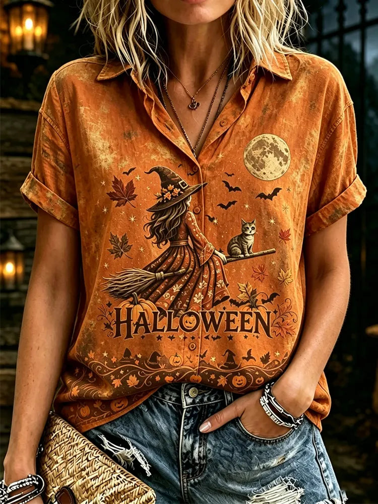 Women's Halloween Witch Riding A Broom With A Cat Short-sleeve Shirt